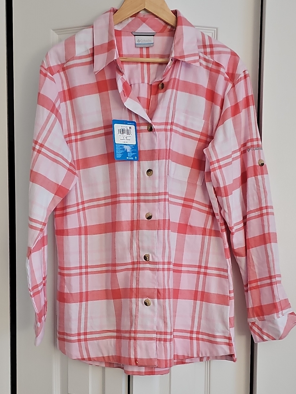 Columbia Women's Plaid Flannel Button-Up Shirt, Long Sleeve, Pink/White, L
